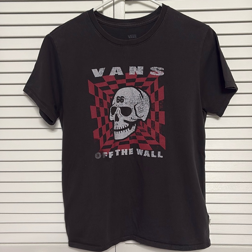 EUC Women’s Vans Off The Wall Black Checkered Skull T Shirt Small